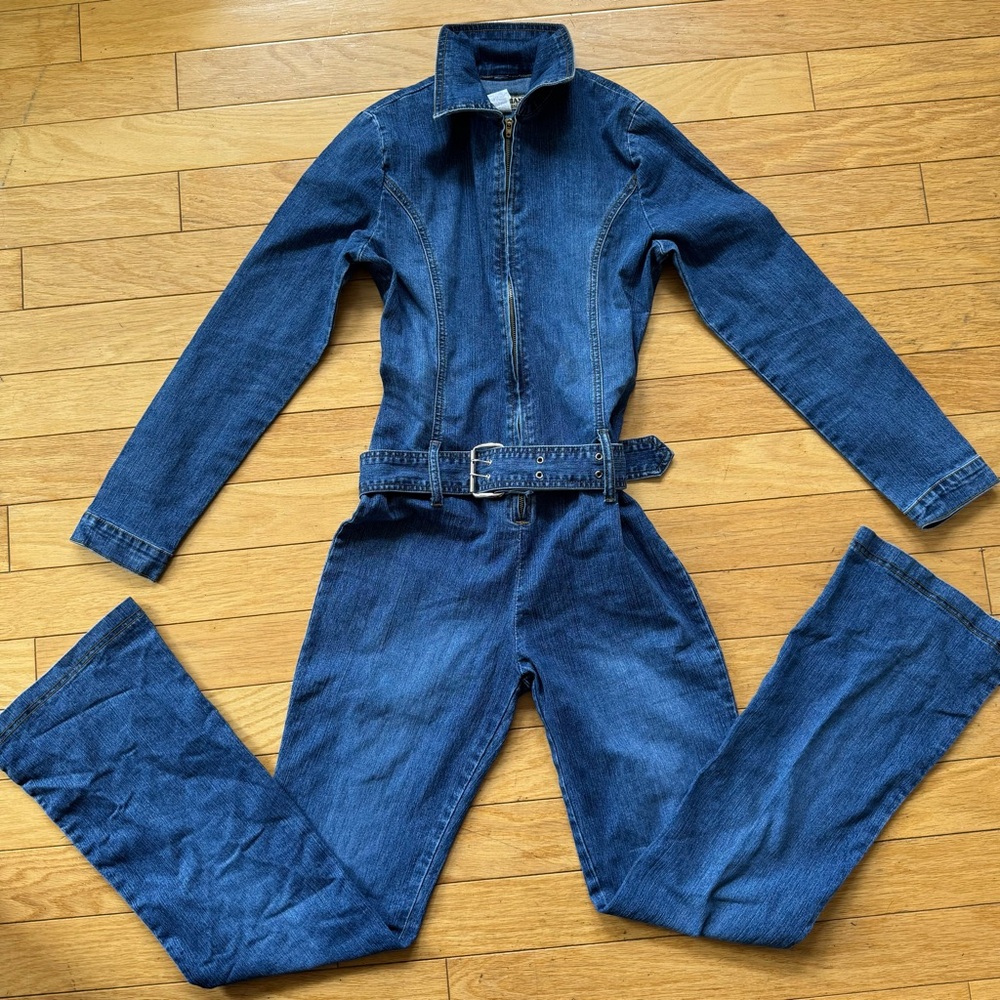 Blue denim jumpsuit with belt